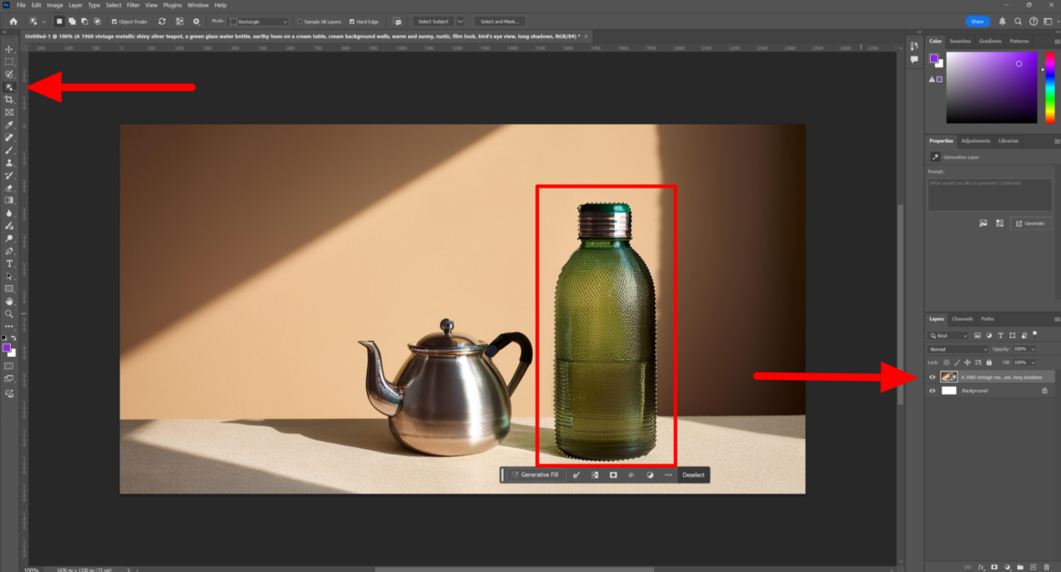 Selecting a green bottle on Photoshop.