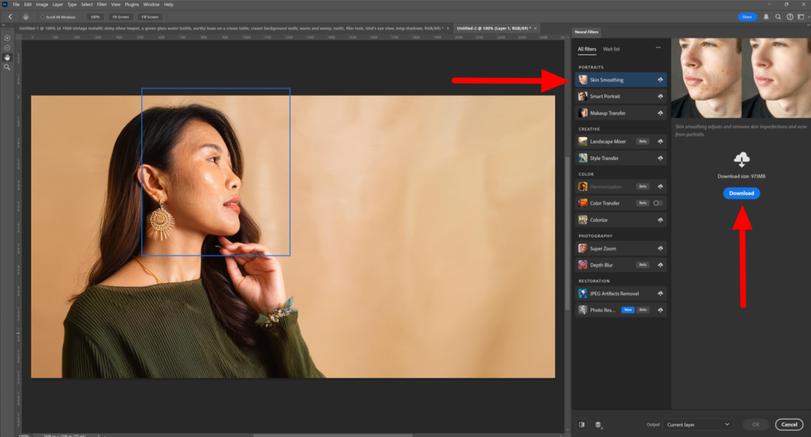 Downloading the Skin Smoothing Neural Filter in Photoshop.