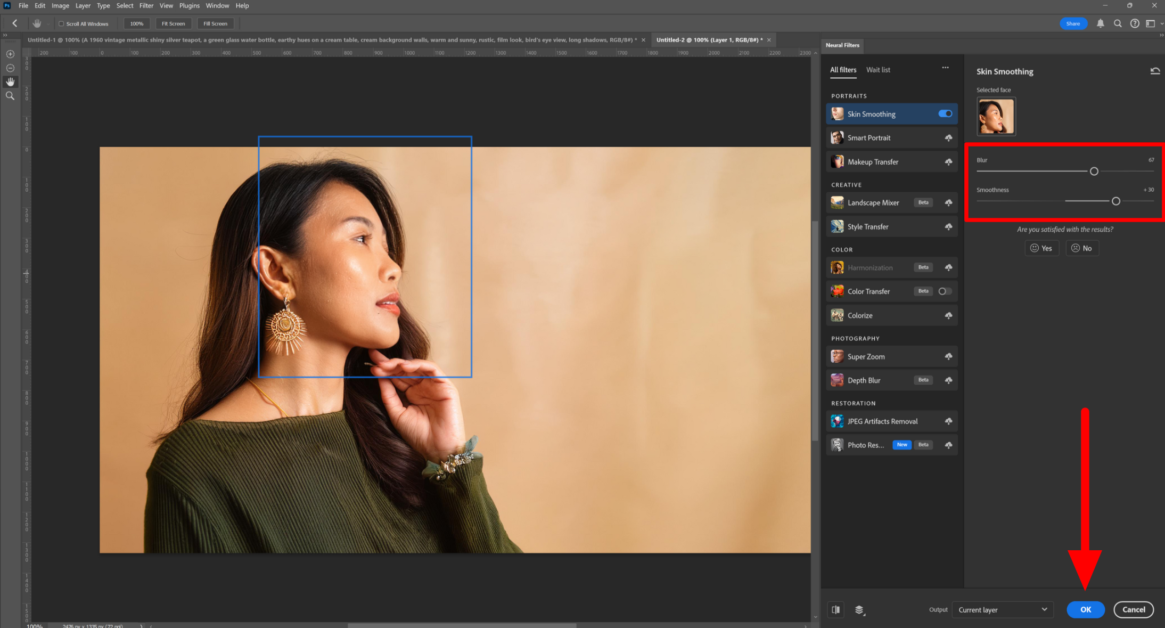 Adjusting the blur and smoothness of the Skin Smoothing Neural Filter in Photoshop.