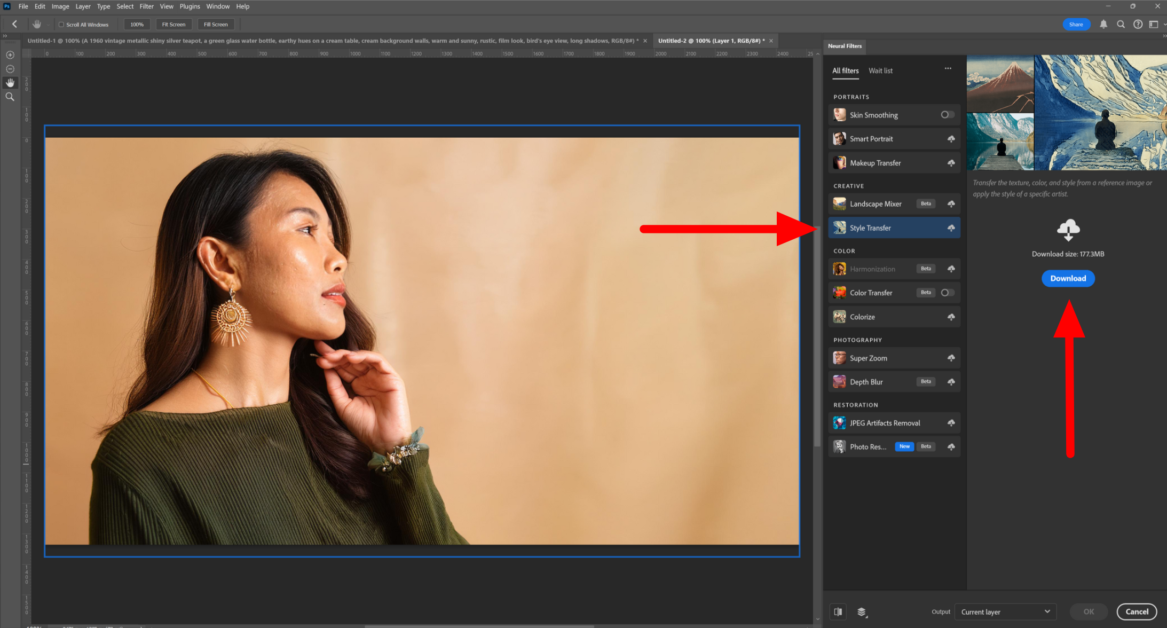 Downloading the Style Transfer Neural Filter in Photoshop.