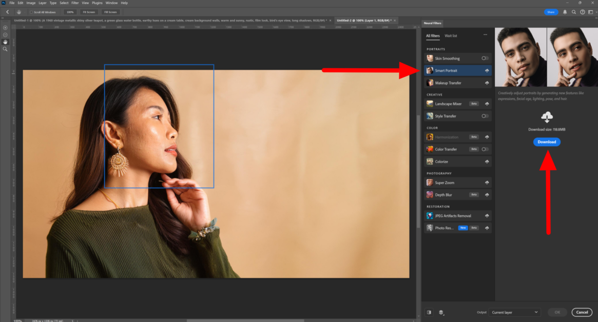 Downloading the Smart Portrait Neural Filter in Photoshop.