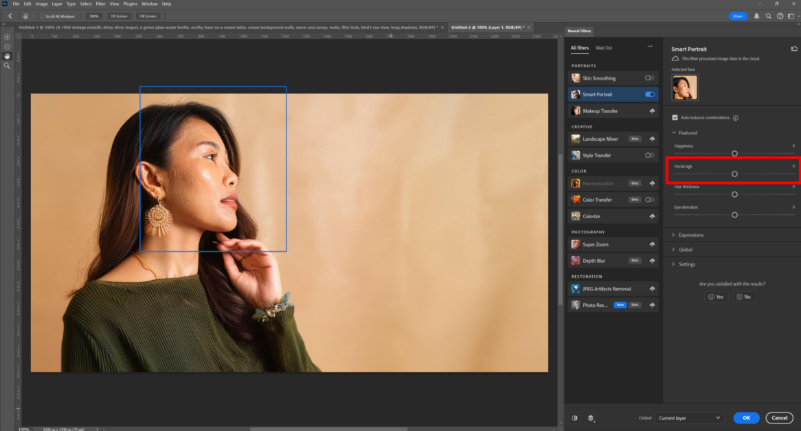 Adjusting the Facial Age toggle in Photoshop.