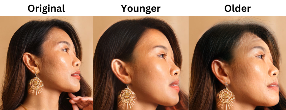 Comparing the original, younger, and older models using the Age Neural Filter in Photoshop.