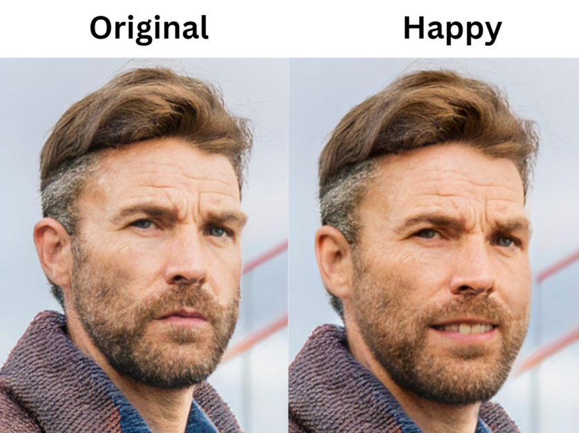 An original image of a man standing in front of the Golden Gate Bridge compared to a happier expression done with facial expression adjustments in Photoshop.