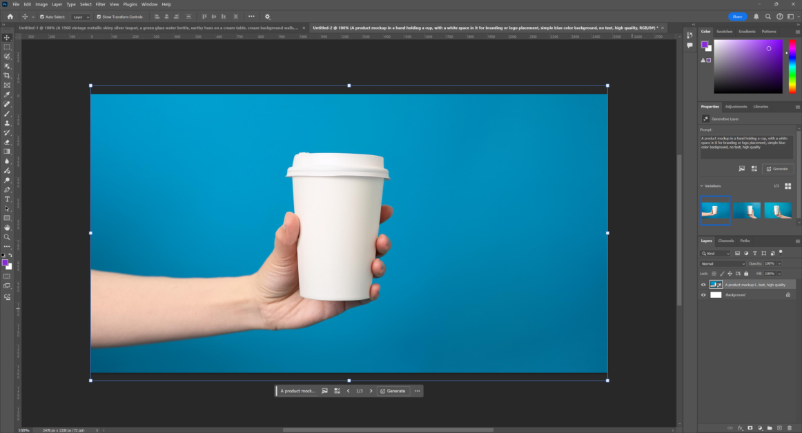 An AI generated image of someone holding a coffee cup with a blue background on Photoshop.