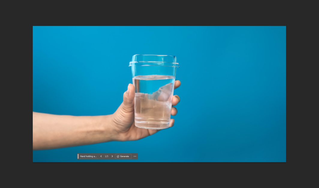 A hand holding a glass of water with a blue background generated with Photoshop.