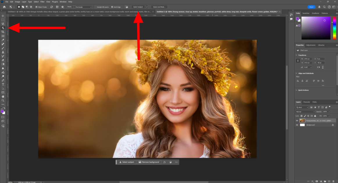 Selecting the subject using Select Subject in Photoshop.