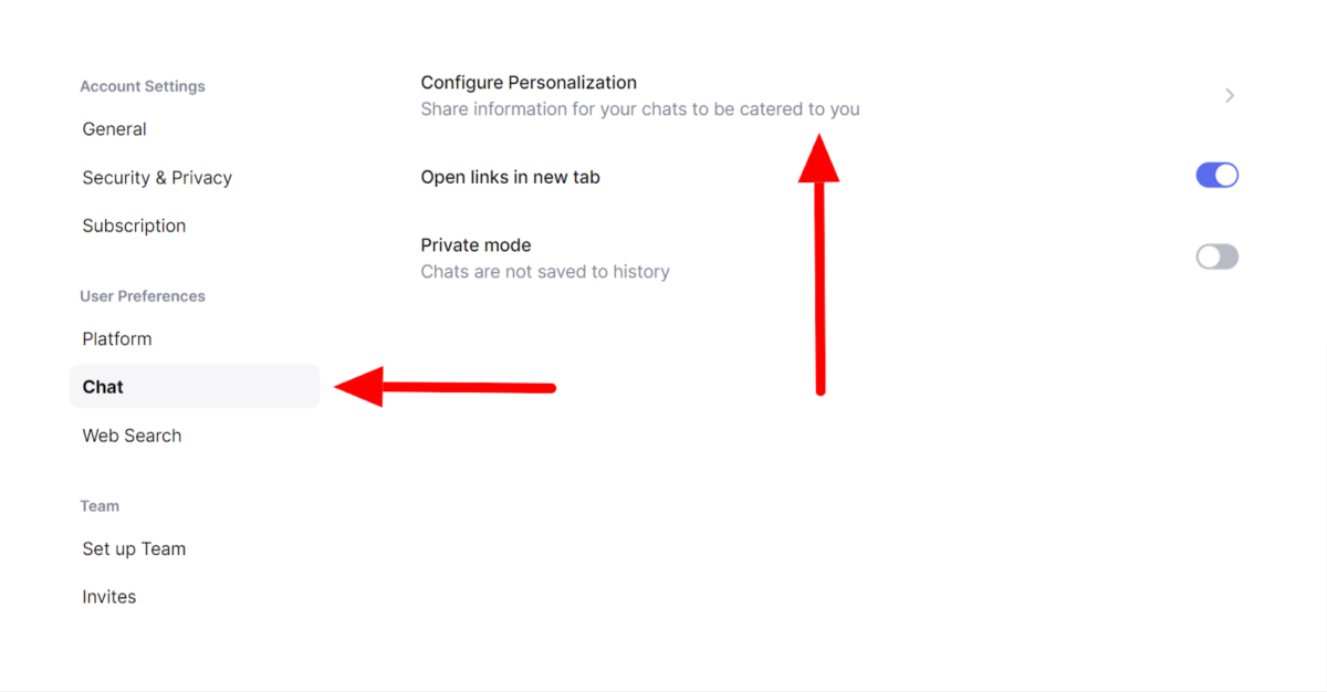 Accessing the option to configure personalization in the You.com settings.