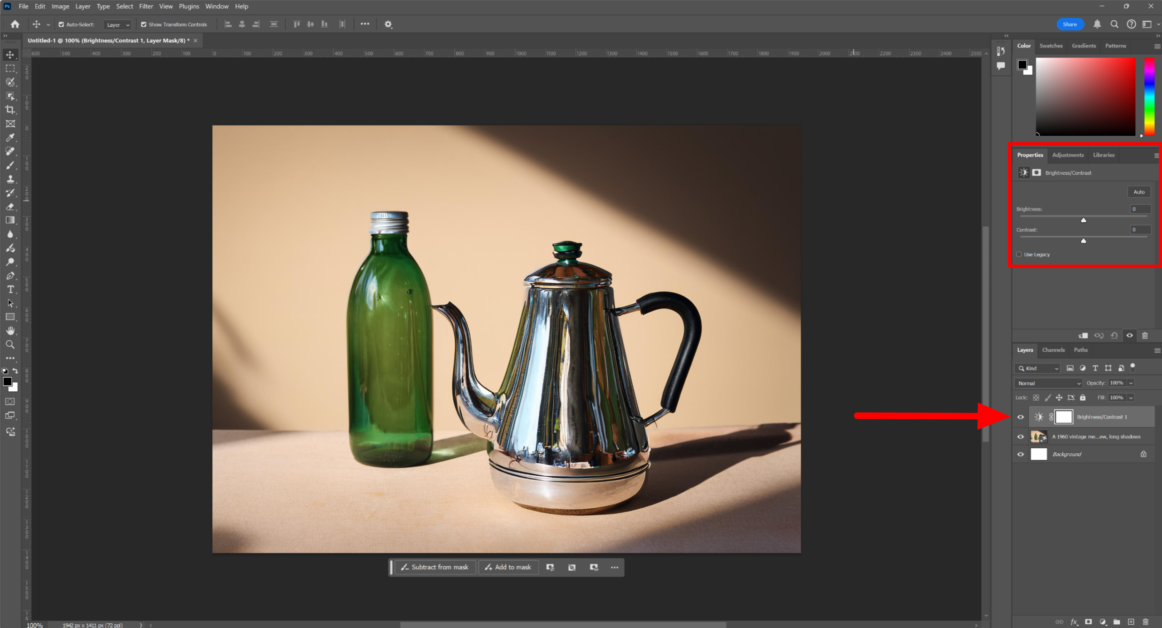 Adjusting the Brightness Contrast in the Properties panel on an image in Photoshop