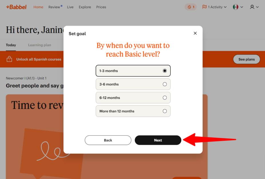 Babbel asking me when I wanted to reach my desired language level