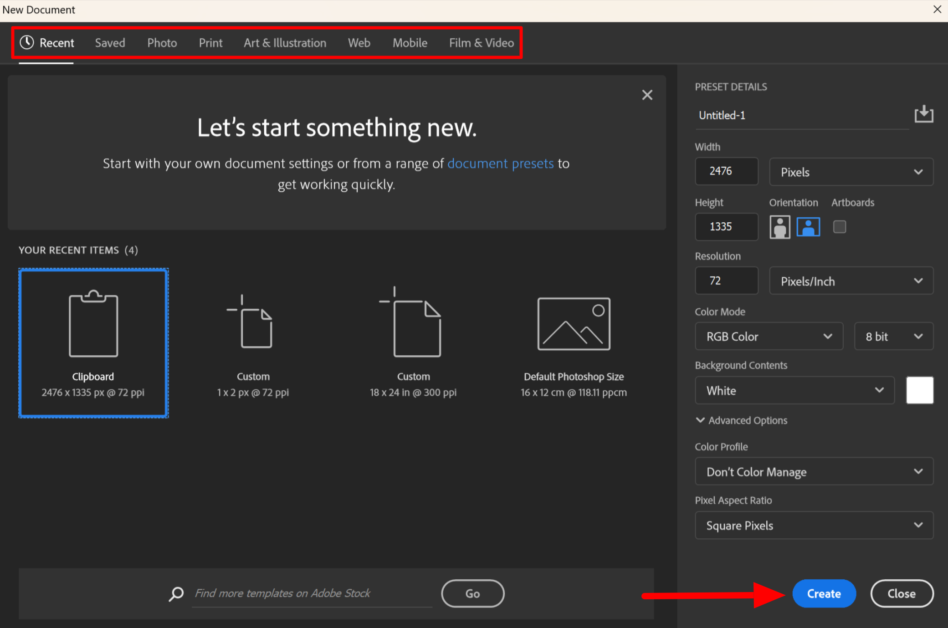 Choosing the dimensions for a new project in Photoshop