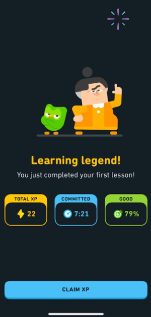 Claiming XP after completing a lesson on Duolingo