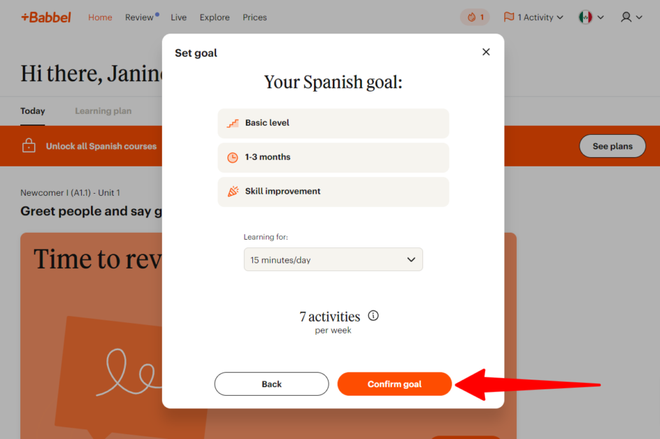 Confirming Babbel languge goal