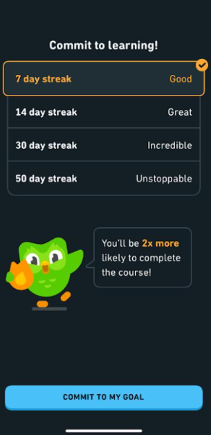 Committing to a goal on Duolingo