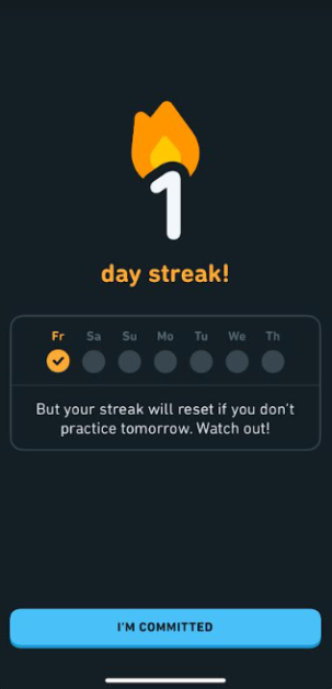 Completing my first day streak on Duolingo
