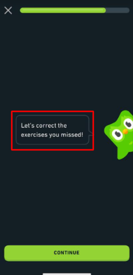 Correcting the exercises missed when completing a lesson on Duolingo