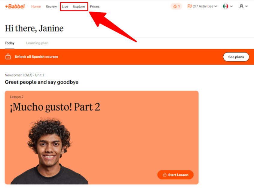 Live and Explore on the top navigation bar on Babbel
