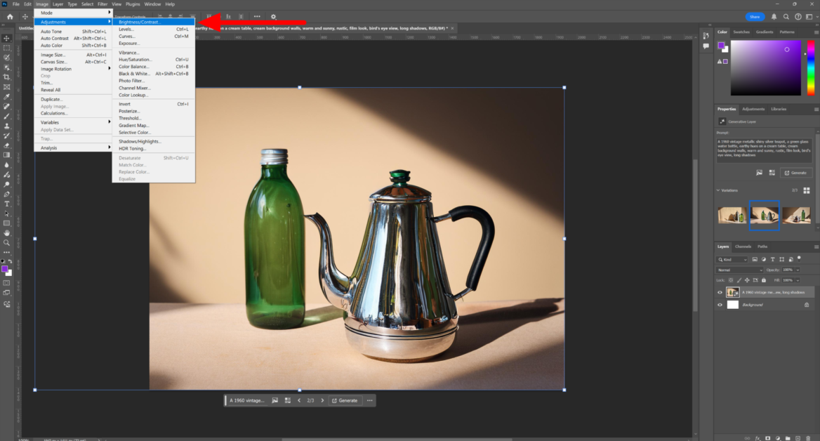 Selecting Brightness Contrast from the Adjustments in Photoshop