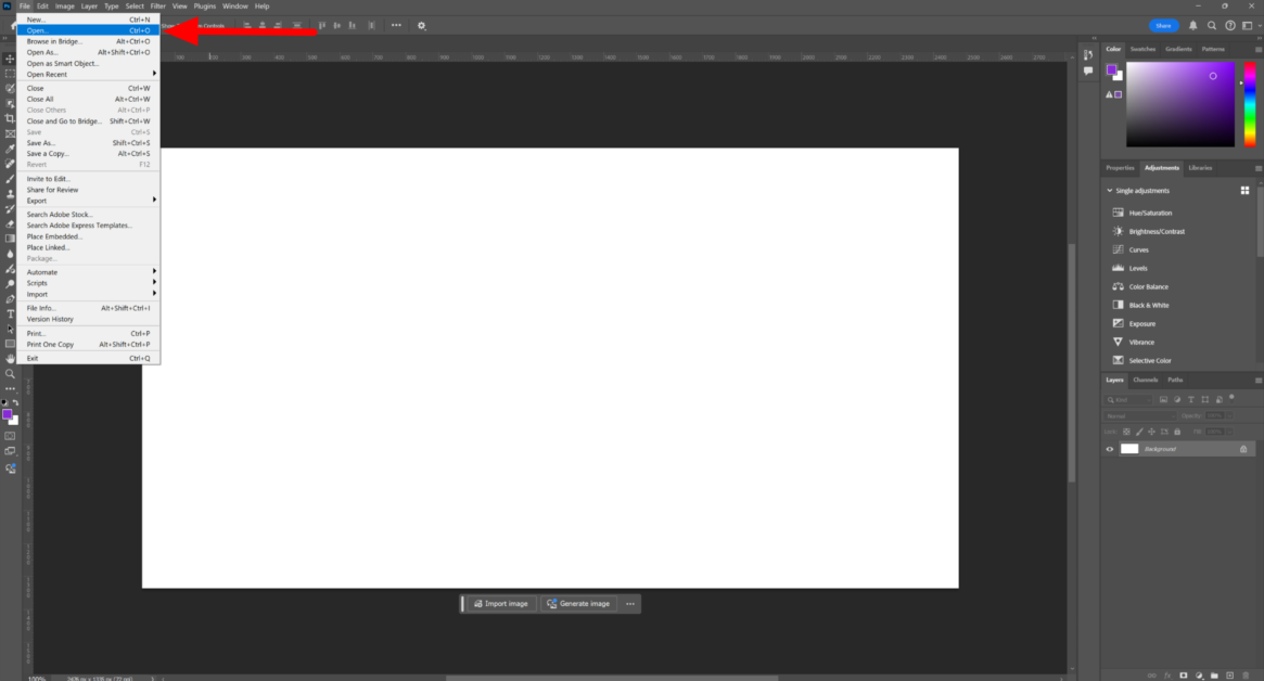 Selecting File and then Open to import a photo to Photoshop