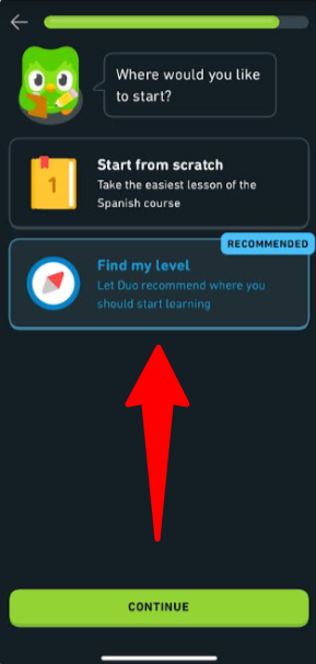 Selecting Find my level on Duolingo