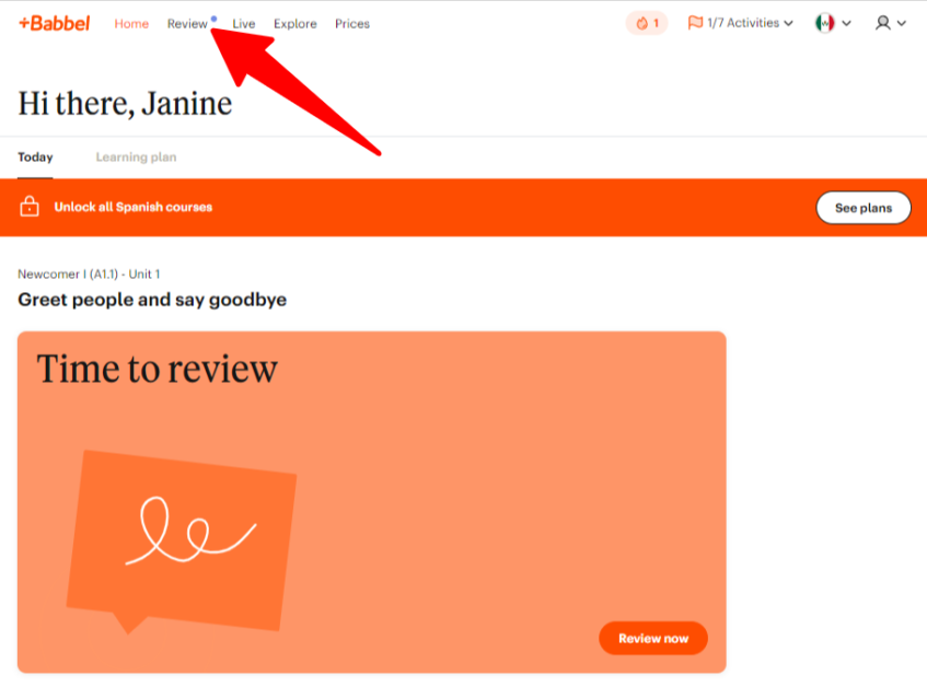 Selecting Review from the top navigation bar in Babbel