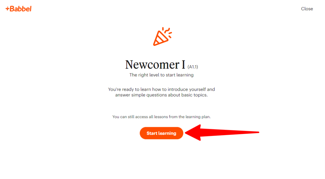 Selecting Start learning on Babbel