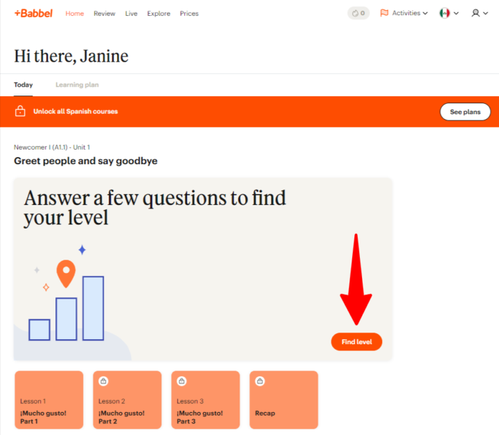 Selecting find level on the Babbel dashboard