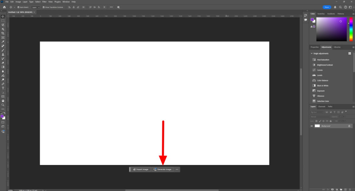 Selecting the Generate image button at the bottom of a blank canvas in Photoshop