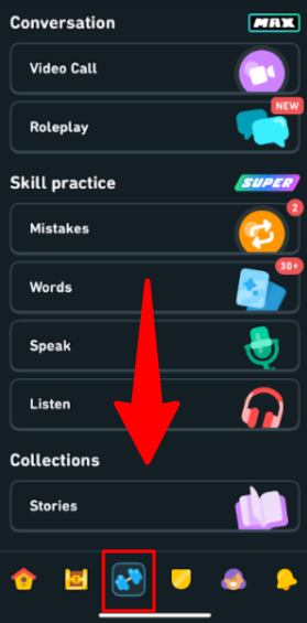 Selecting the Stories feature on Duolingo