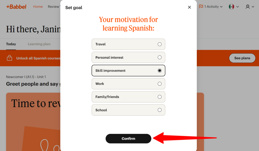 Setting a language goal on Babbel