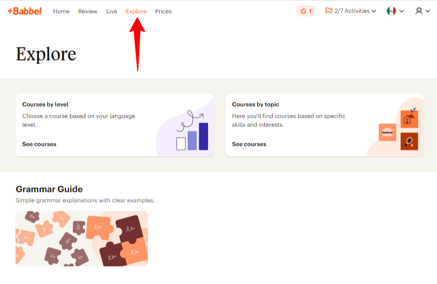 The Explore tab on Babbel