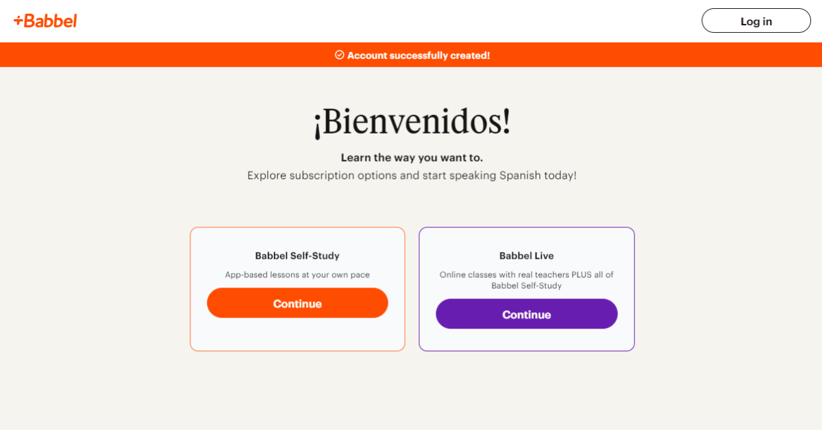 Two subscription options for how I wanted to start learning Spanish Babbel Self-Study and Babbel Live