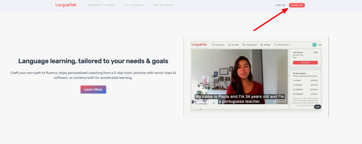 Selecting Sign Up on the LanguaTalk homepage.