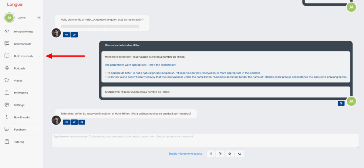 Selecting "Build my vocab" in LanguaTalk.