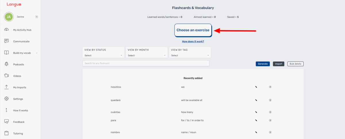 Selecting "Choose an exercise" to build my vocabulary with LanguaTalk.