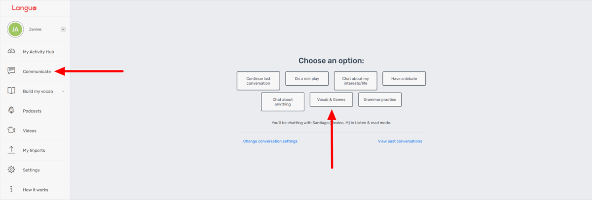 Selecting the Vocab & Games feature in LanguaTalk.