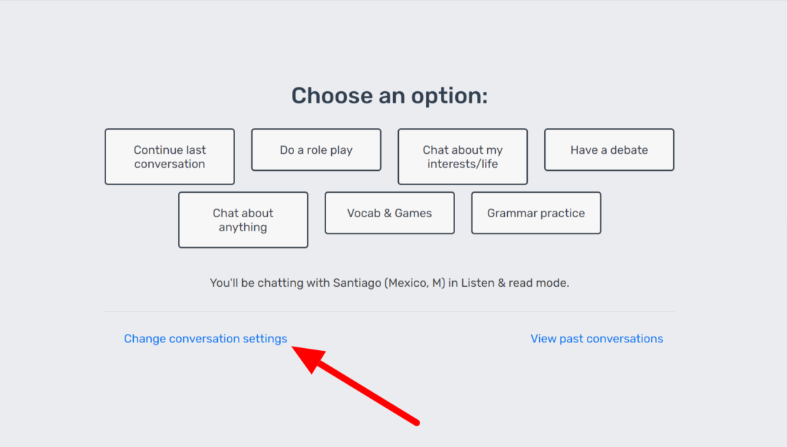 Accessing the AI conversation settings on LanguaTalk.