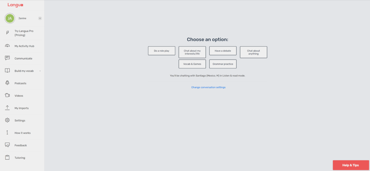 The LanguaTalk dashboard.