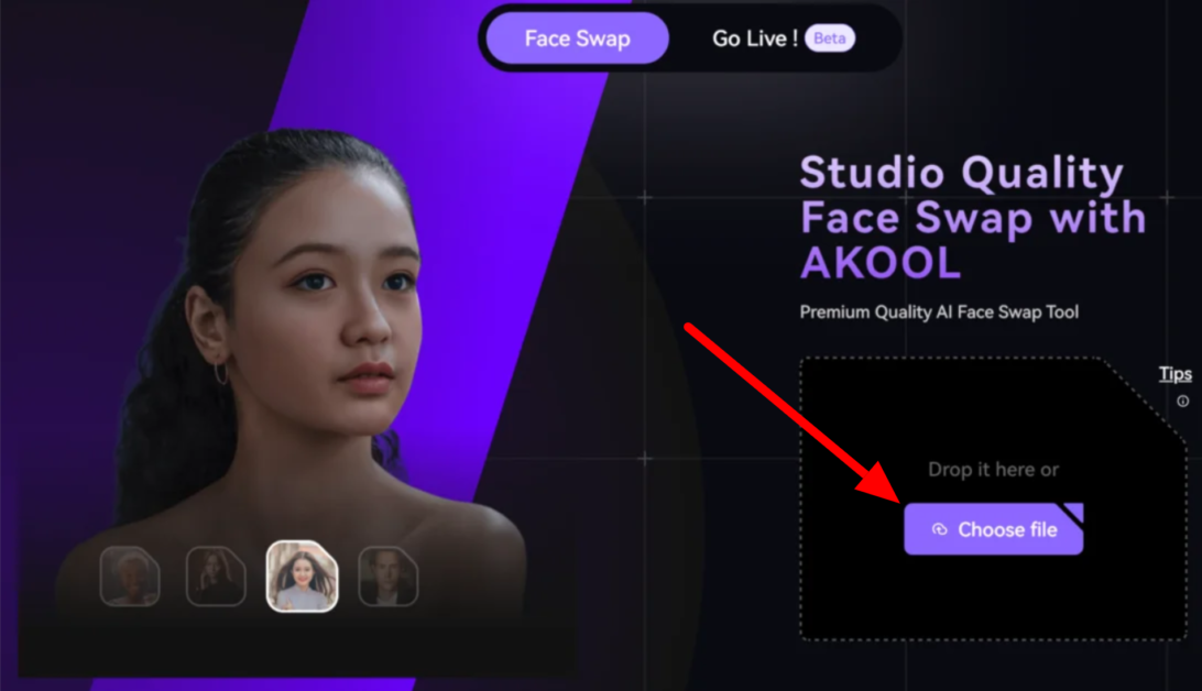 Uploading a photo to the AKOOL face swap tool.