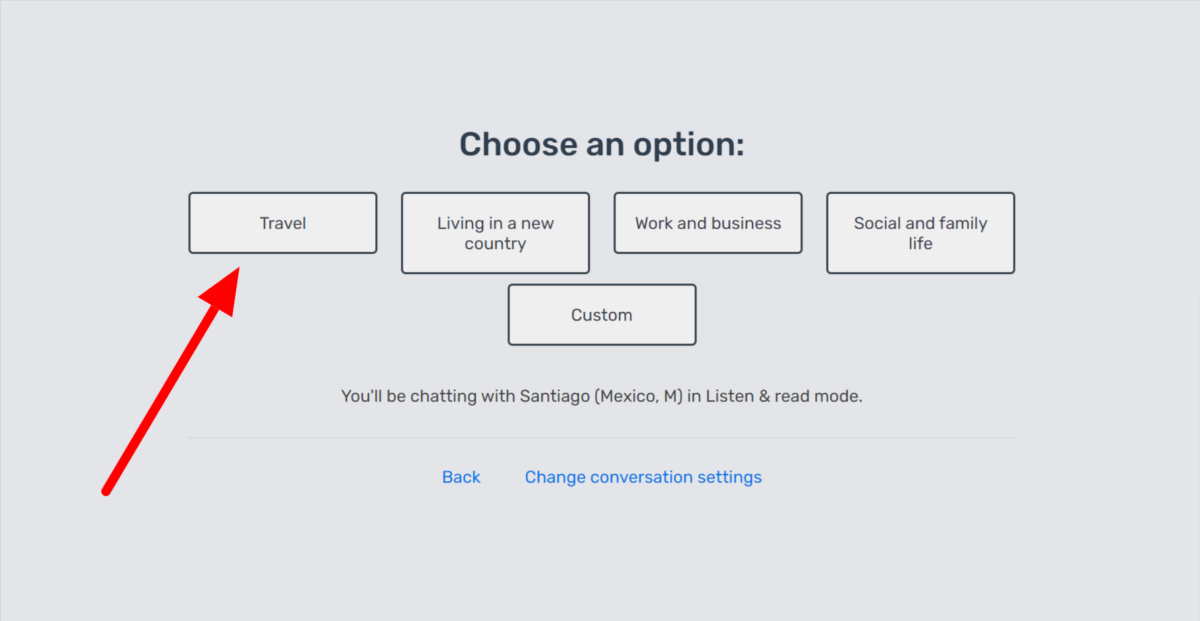 Selecting the Travel role paly option in LanguaTalk.