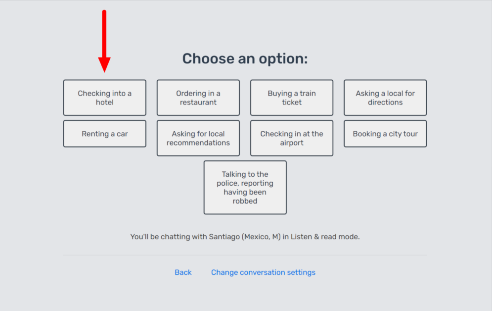 Selecting a travel role paly option to converse with AI using LanguaTalk.