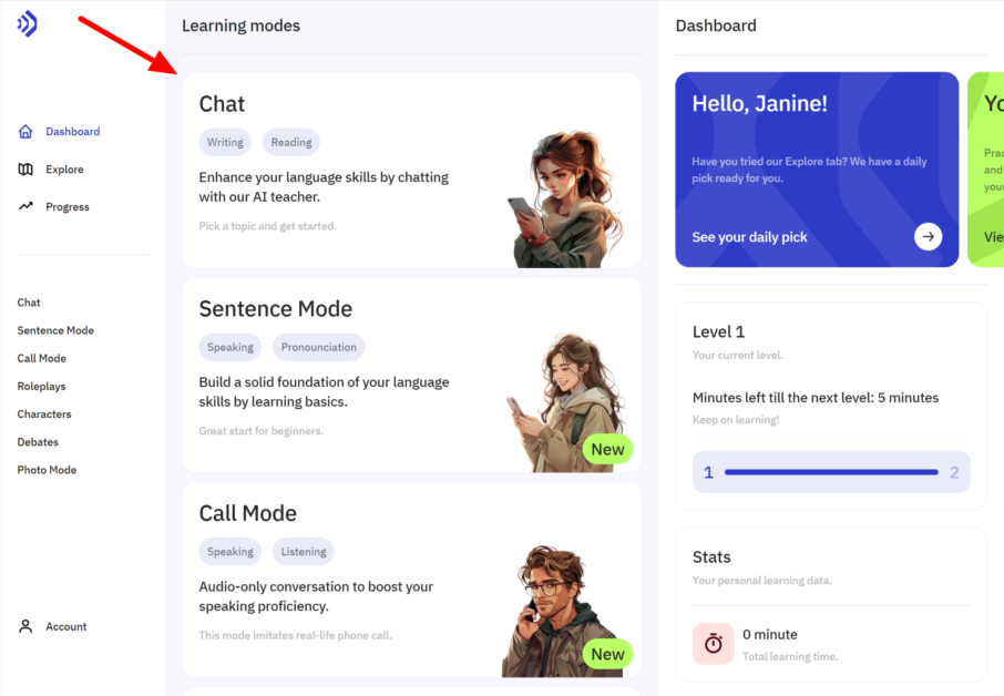 Selecting the Chat learning mode in TalkPal.