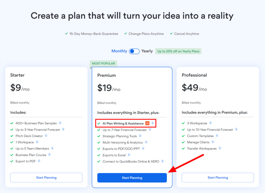 Selecting an Upmetrics pricing plan.