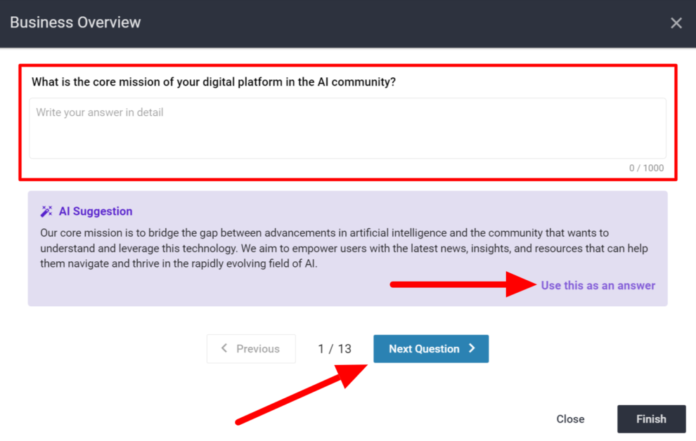 Using the AI suggestions to complete the workspace questionnaire on Upmetrics