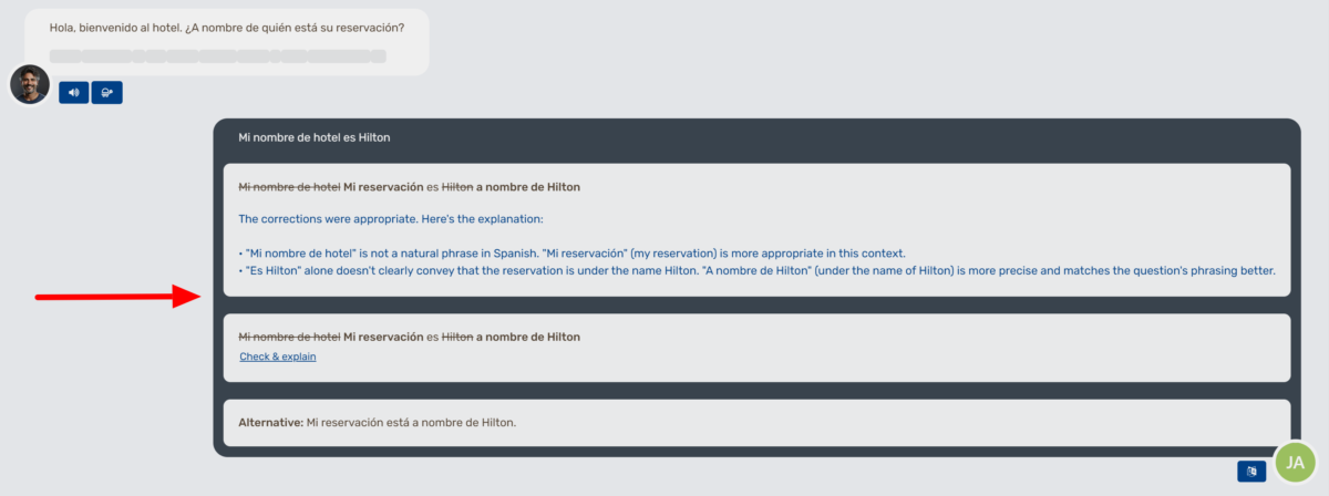 Viewing the corrections, explanations, and alternative responses when chatting with AI in LanguaTalk.