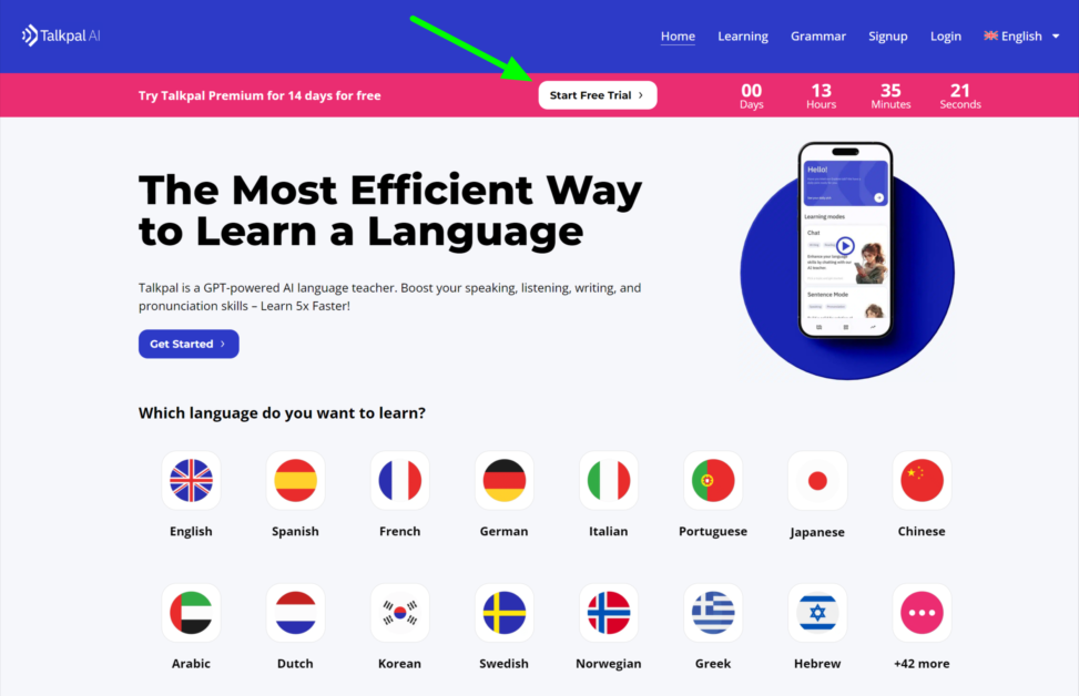 Selecting the Start Free Trial on the TalkPal homepage.