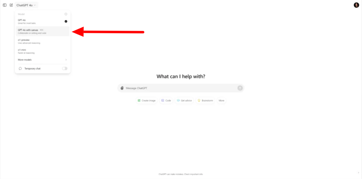 Selecting GPT-4o with Canvas from the model dropdown menu on ChatGPT.
