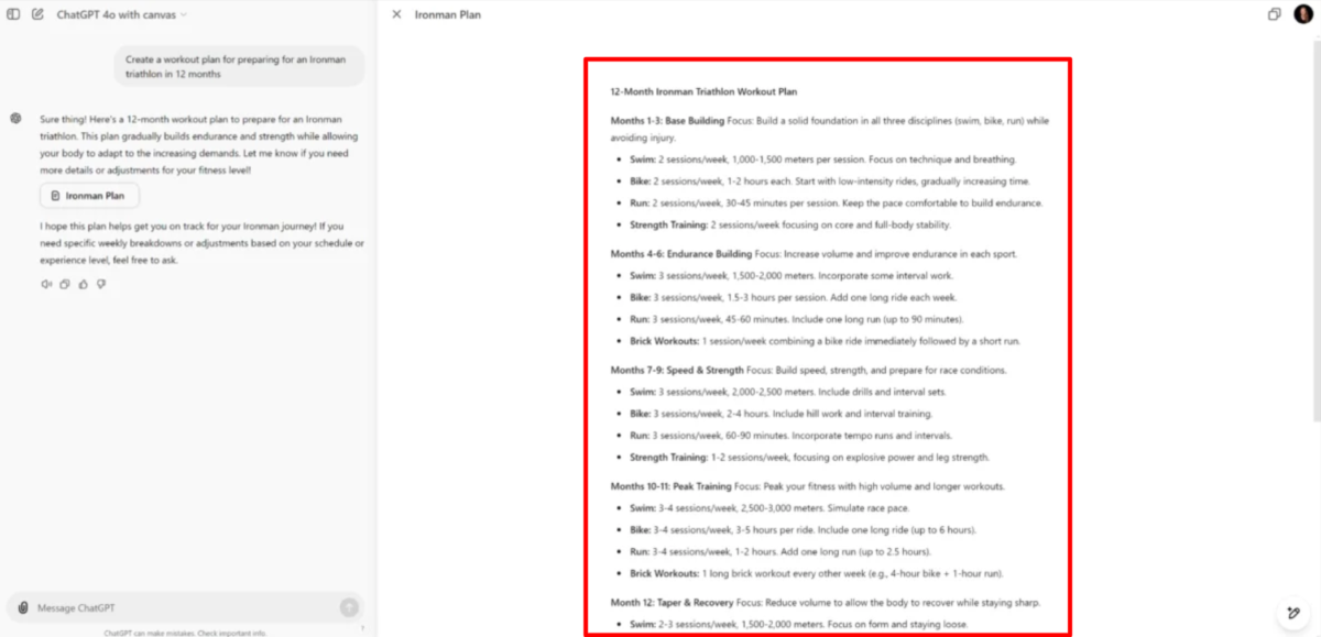 A document generated with Chatgpt-4o Canvas outlining a 12-Month Ironman Triathlon Workout Plan.