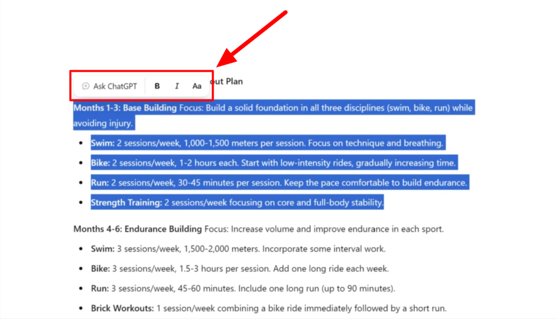 Highlighting text within a Canvas document generated with ChatGPT to edit it.