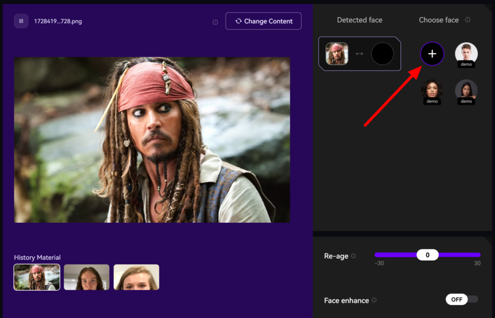 Uploading a photo of Jack Sparrow to face swap with on AKOOL.